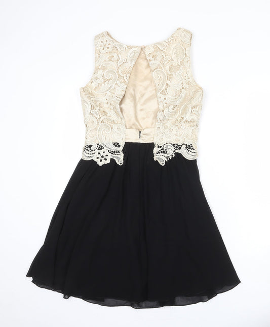 LITTLE MISTRESS Womens Black Colourblock Polyester Fit & Flare Size 10 Boat Neck Zip