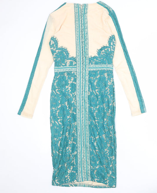 Missguided Womens Blue Polyester Bodycon Size 10 Boat Neck Zip - Lace Overlay