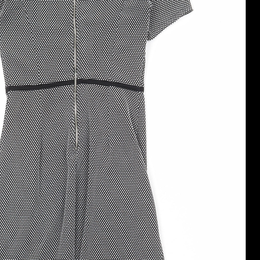 Miss Selfridge Womens Black Geometric Polyester Shift Size 8 Mock Neck Zip