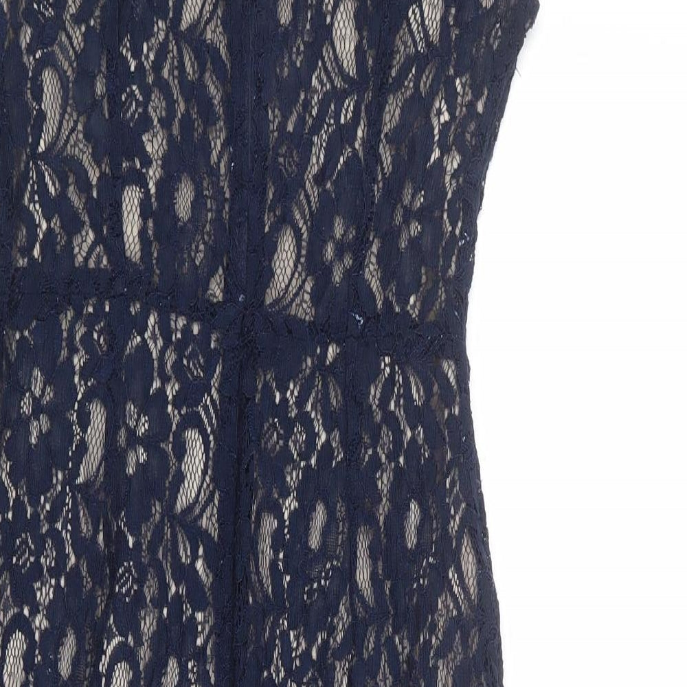 Brand and care label for French Connection women’s blue polyester pencil dress, size UK 10, boat neck zip - lace overlay