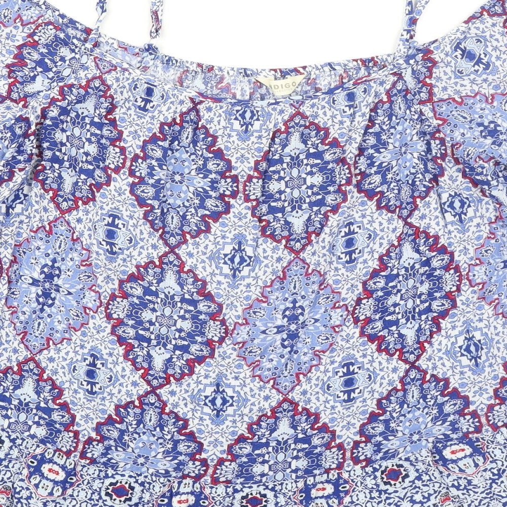 Indigo Womens Blue Geometric Viscose Basic Blouse Size 16 Boat Neck - Cold Shoulder