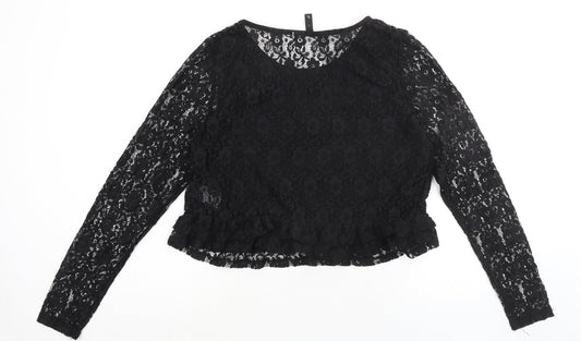 Divided by H&M Womens Black Floral Polyamide Basic Blouse Size L Round Neck