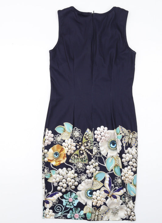 Body Flirt Womens Blue Floral Polyester Pencil Dress Size XS Boat Neck Zip