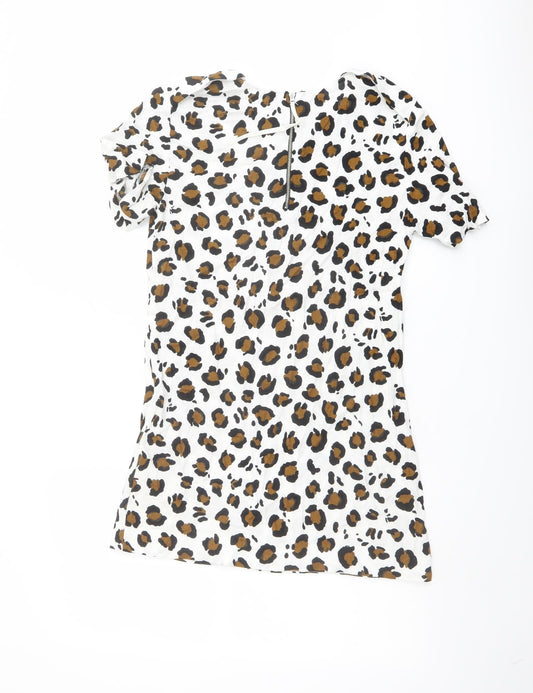 Zara Womens White Animal Print Polyester Shift Size XS Round Neck Zip - Leopard pattern