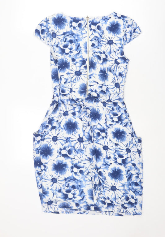 Blue Vanilla Womens Blue Floral Polyester Shift Size 10 Boat Neck Zip