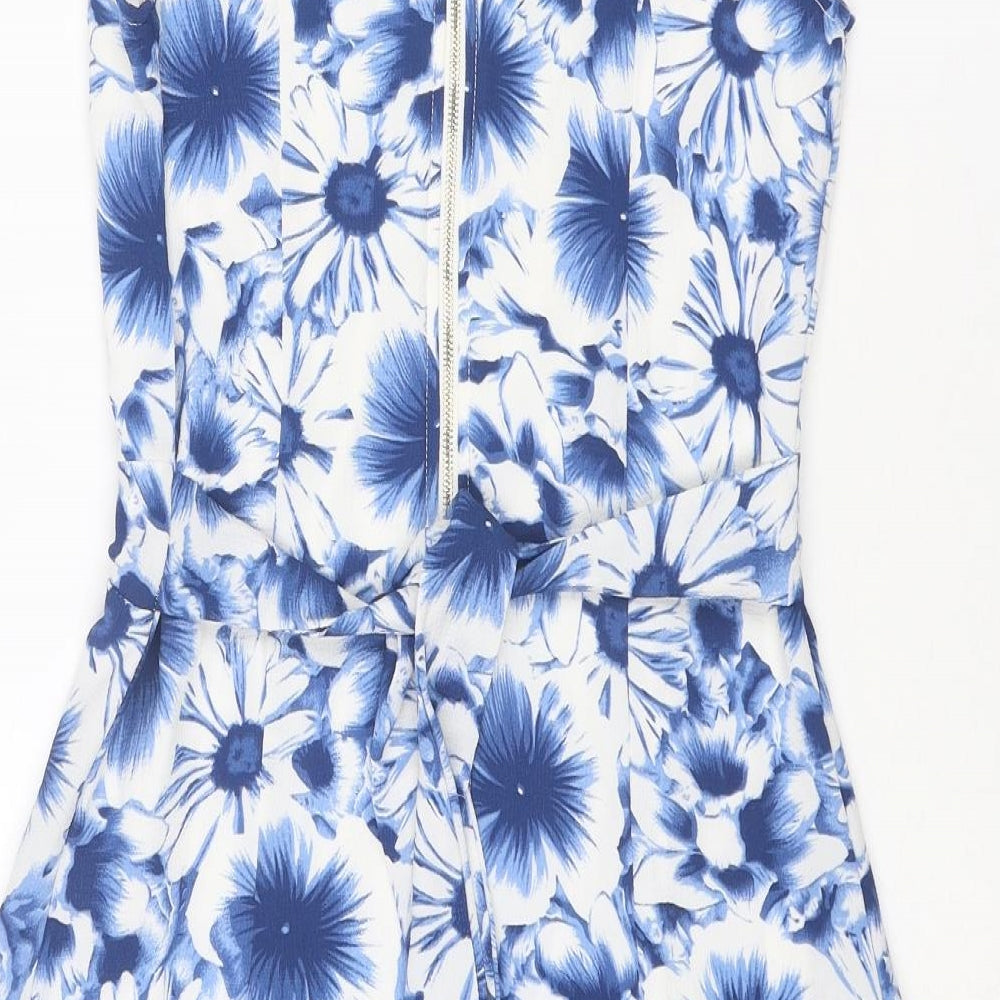 Blue Vanilla Womens Blue Floral Polyester Shift Size 10 Boat Neck Zip