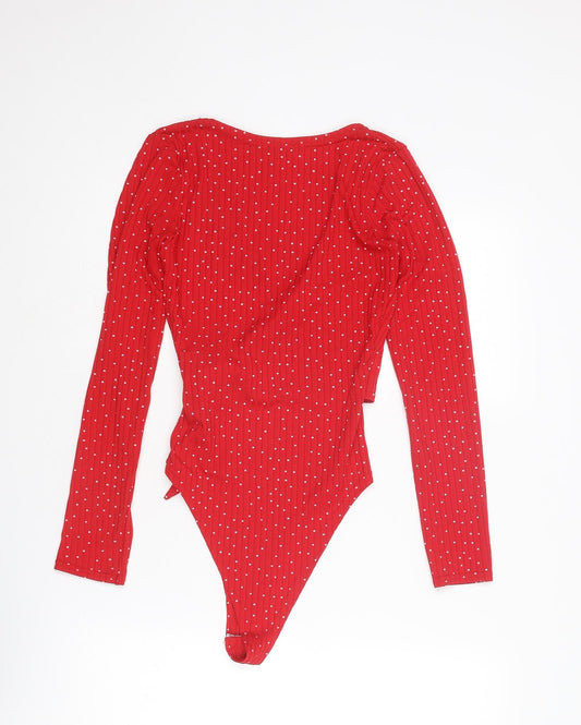 Boohoo Womens Red Polka Dot Polyester Bodysuit One-Piece Size 8 Tie
