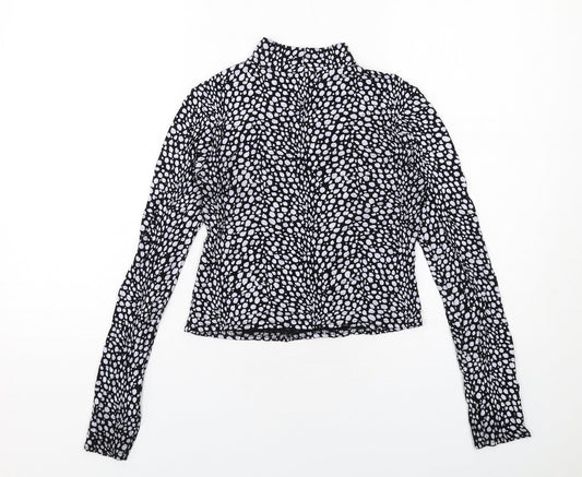 Boohoo Womens Black Animal Print Viscose Basic Blouse Size 10 Mock Neck