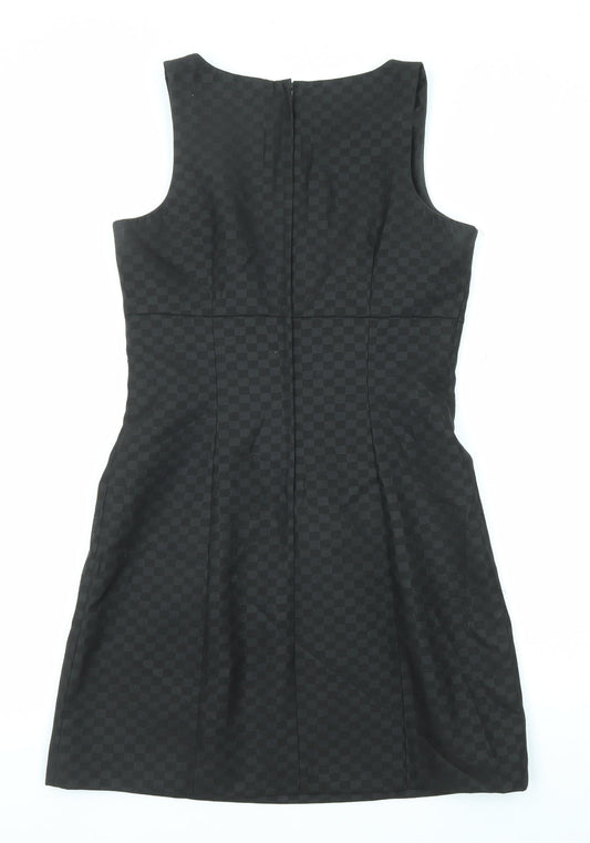 NEXT Womens Black Geometric Polyester Shift Size 10 V-Neck Zip