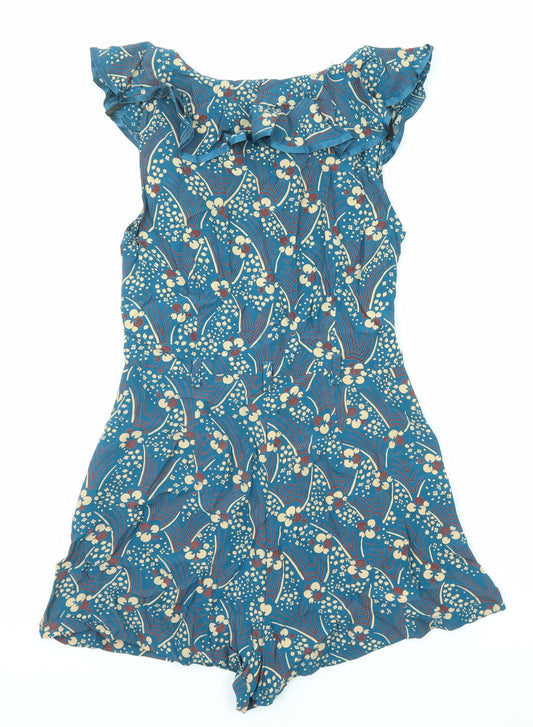 River Island Womens Blue Geometric Viscose Playsuit One-Piece Size 6 Button