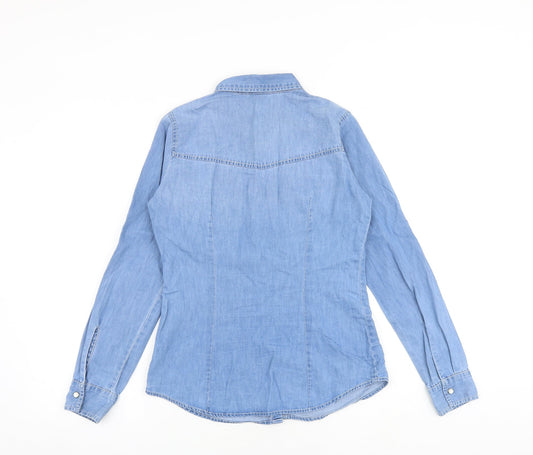 Denim & Co. Womens Blue 100% Cotton Basic Button-Up Size 8 Collared