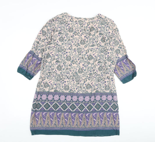 Back view of Indigo women’s multicoloured geometric viscose a-line, size UK 14, round neck tie