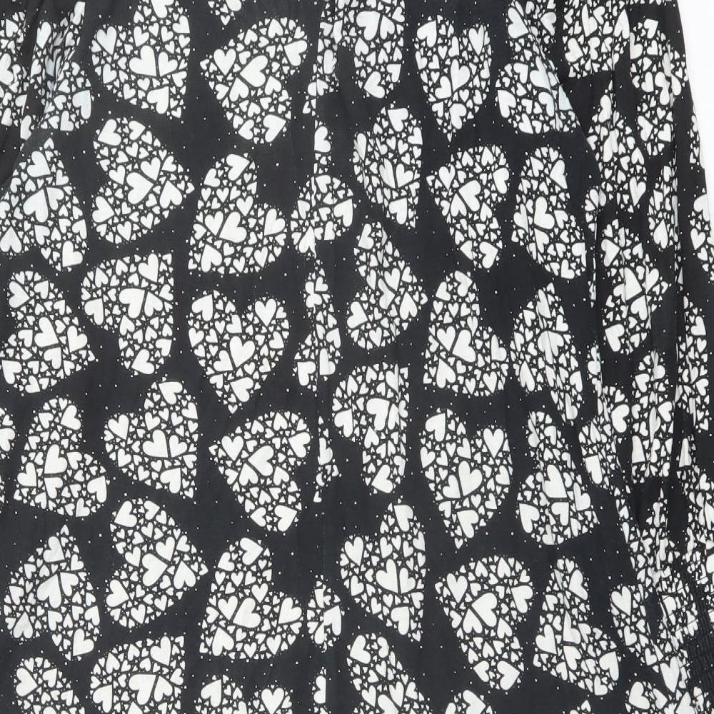 Brand and care label for NEXT women’s black geometric viscose a-line, size UK 8, mock neck button - heart print