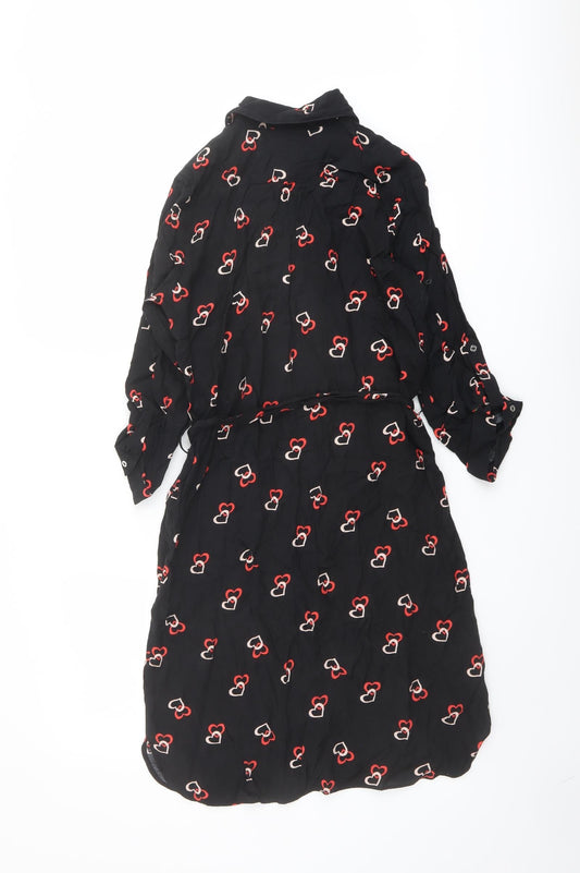 Dorothy Perkins Womens Black Geometric Polyester Shirt Dress Size 8 Collared Button - Heart Print