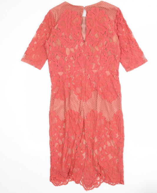 Back view of Little Mistress women’s pink geometric cotton shift, size UK 14, round neck zip