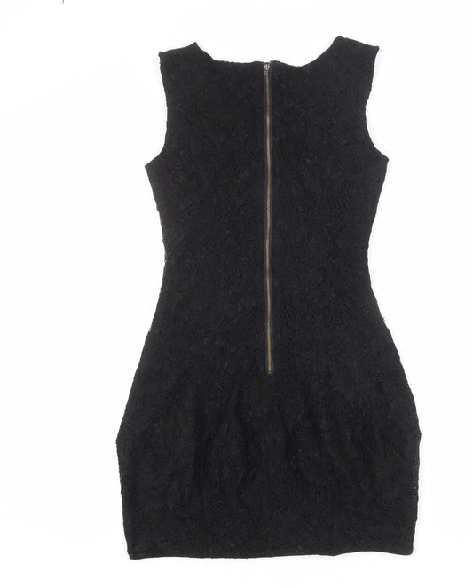 Warehouse Womens Black Geometric Nylon Bodycon Size 10 Round Neck Zip