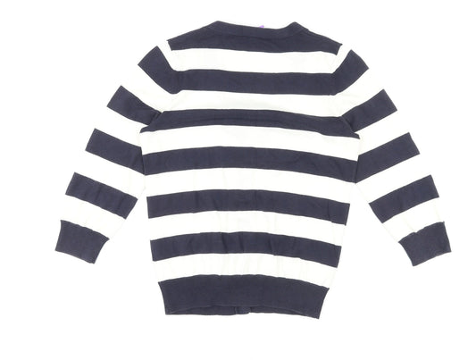BHS Womens Blue V-Neck Striped 100% Cotton Cardigan Jumper Size 10