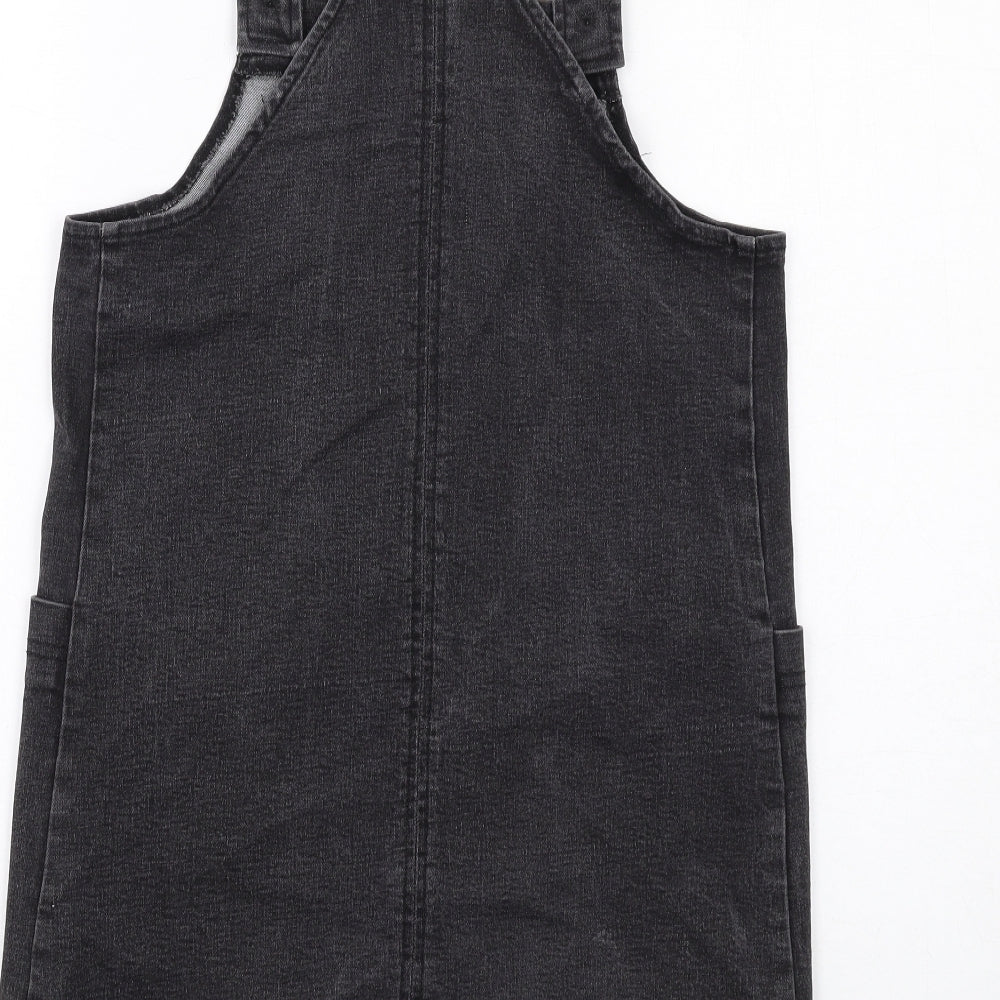 Joy Womens Black Floral Cotton Pinafore/Dungaree Dress Size 8 Square Neck Pullover