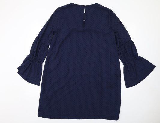 Warehouse Womens Blue Polka Dot Polyester A-Line Size 12 Round Neck Button