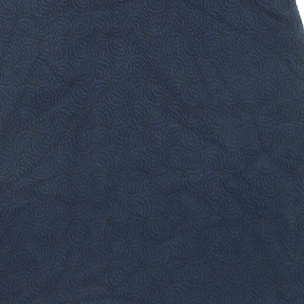 Brand and care label for ESPRIT women’s blue geometric cotton bandage skirt, size XS