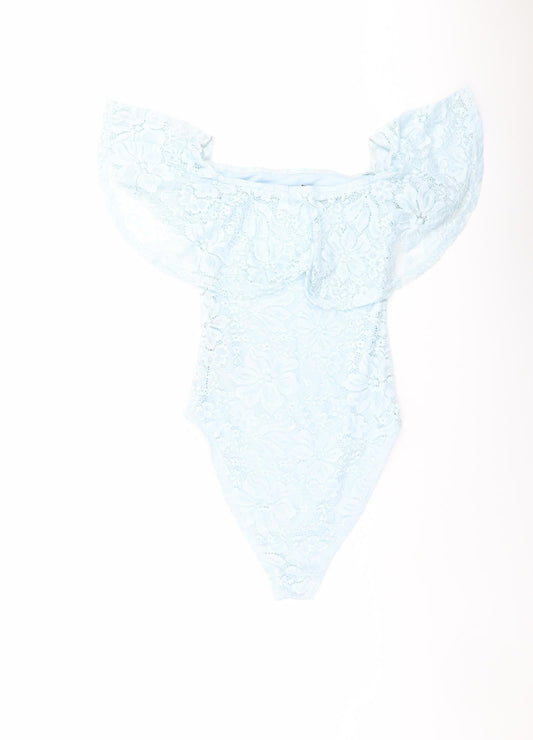 New Look Womens Blue Floral Nylon Bodysuit One-Piece Size 10 Snap