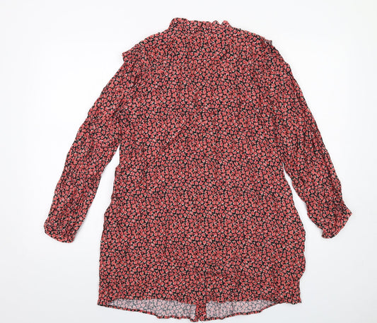 Zara Womens Red Floral Viscose A-Line Size M V-Neck Button