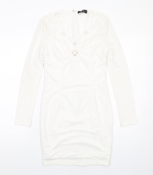 Additional front view of Club L women’s white polyester bodycon, size UK 10, v-neck zip