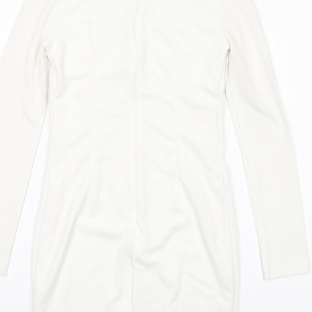 Brand and care label for Club L women’s white polyester bodycon, size UK 10, v-neck zip