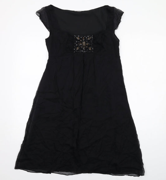 Additional front view of Autograph women’s black silk shift, size UK 10, round neck zip