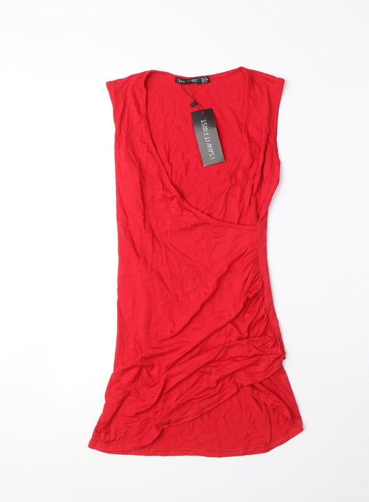 Additional front view of I SAW IT FIRST women’s red viscose mini, size UK 8, v-neck pullover