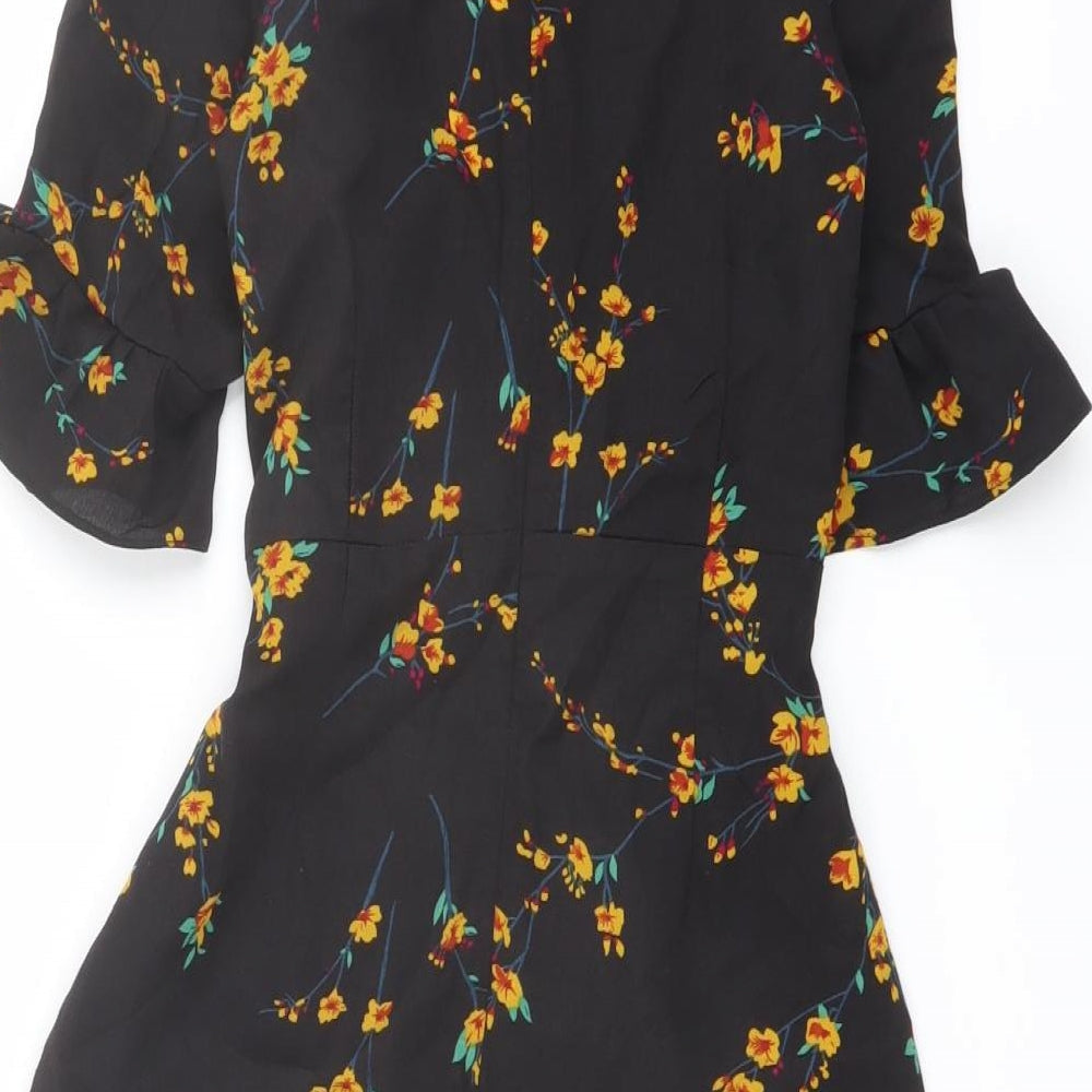 PRETTYLITTLETHING Womens Black Floral Polyester Mini Size 4 V-Neck Zip