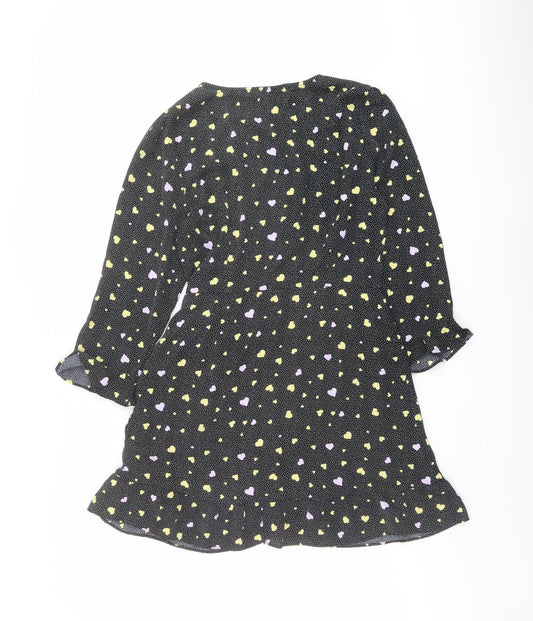 Brave Soul Womens Black Geometric Polyester Wrap Dress Size S V-Neck Tie - Heart pattern