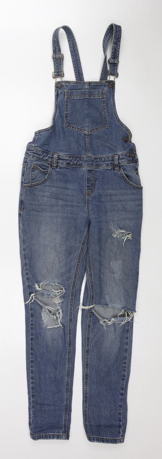 Additional front view of Denim & Co. women’s blue cotton dungaree one-piece, size UK 8 zip - distressed open knee