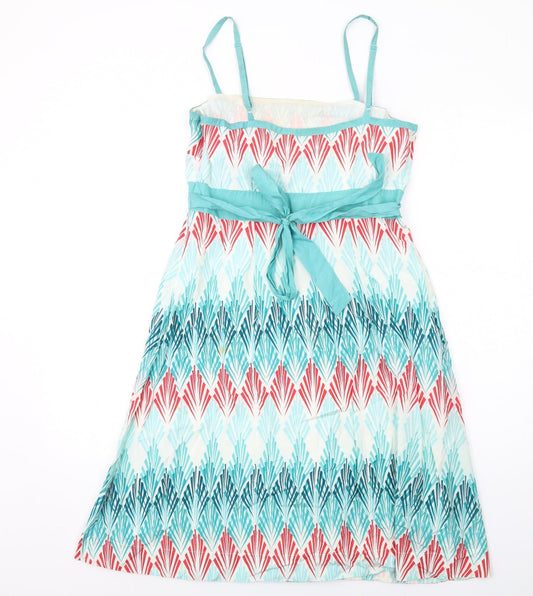 Monsoon Womens Multicoloured Geometric Cotton Slip Dress Size 12 Square Neck Zip