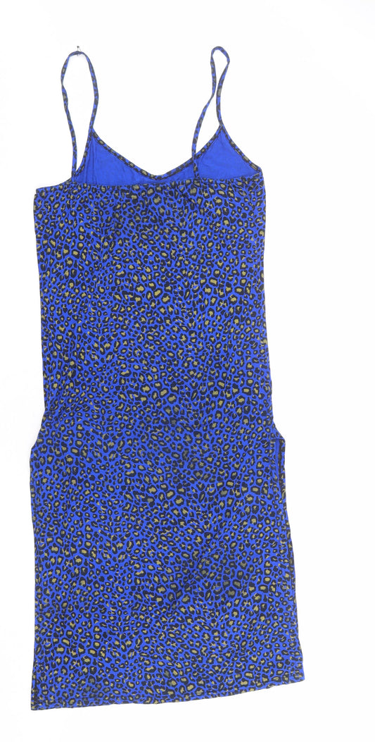 PRETTYLITTLETHING Womens Blue Animal Print Polyester Slip Dress Size 10 V-Neck Pullover - Leopard pattern