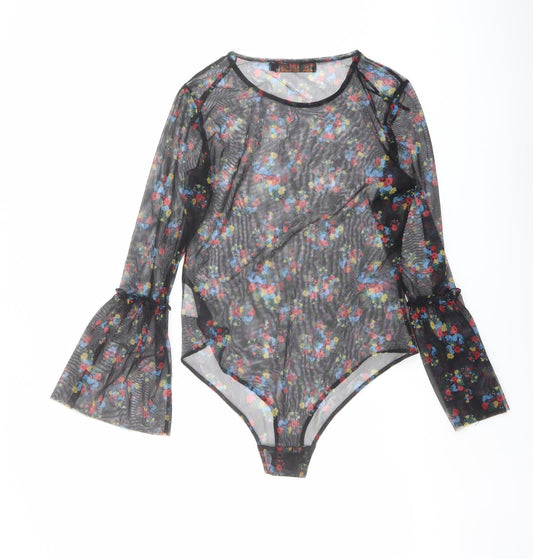 QED London Womens Black Floral Polyester Bodysuit One-Piece Size M Snap