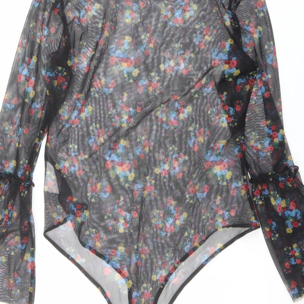 QED London Womens Black Floral Polyester Bodysuit One-Piece Size M Snap