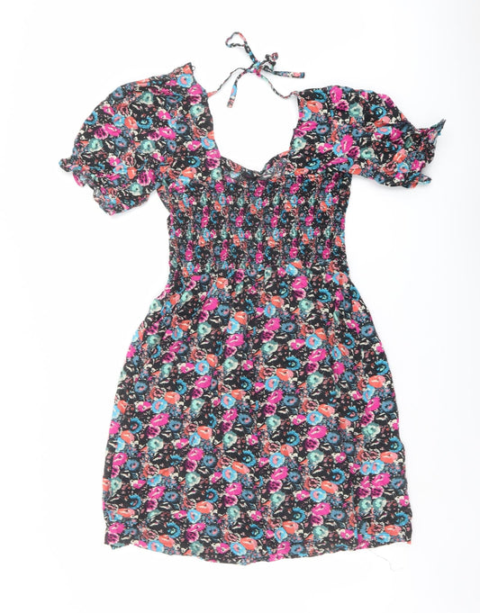 NEXT Womens Multicoloured Floral Viscose A-Line Size 14 Square Neck Pullover - Shirred Waist