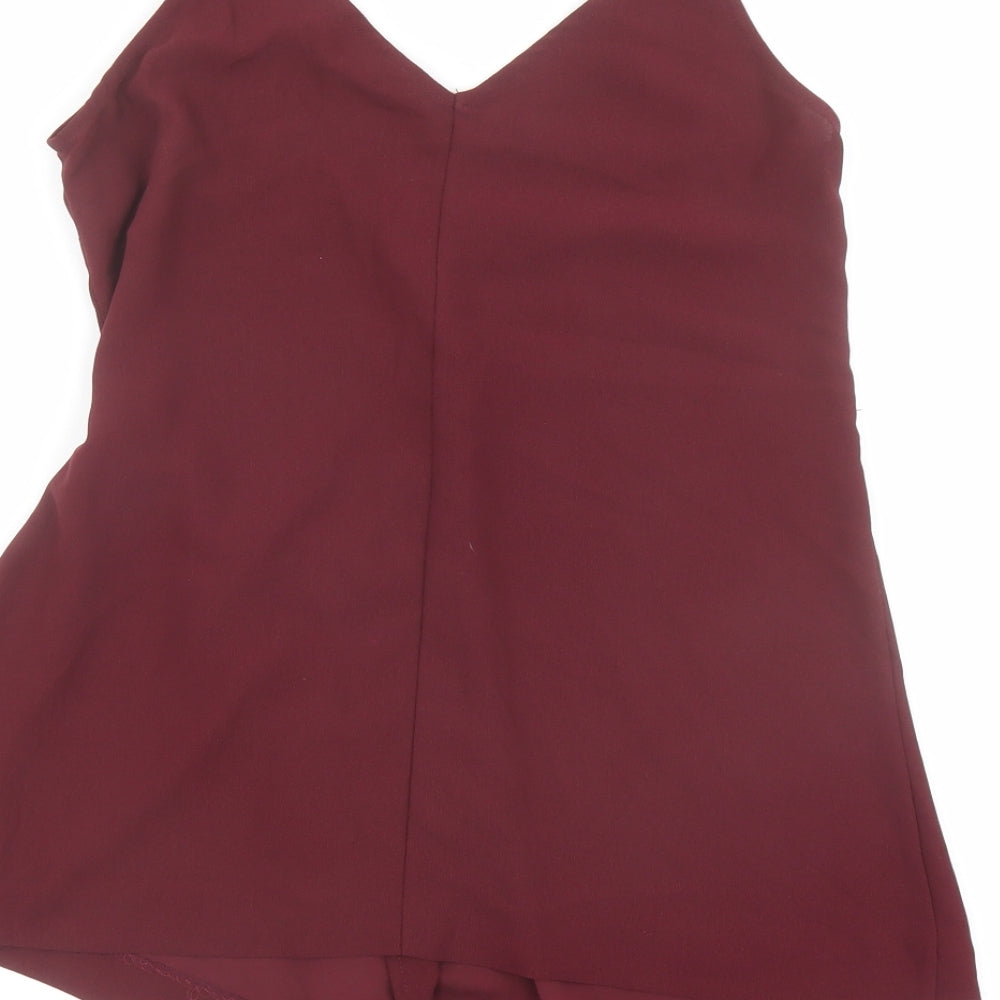Brand and care label for Miss Selfridge women’s red polyester wrap tank, size UK 10, v-neck