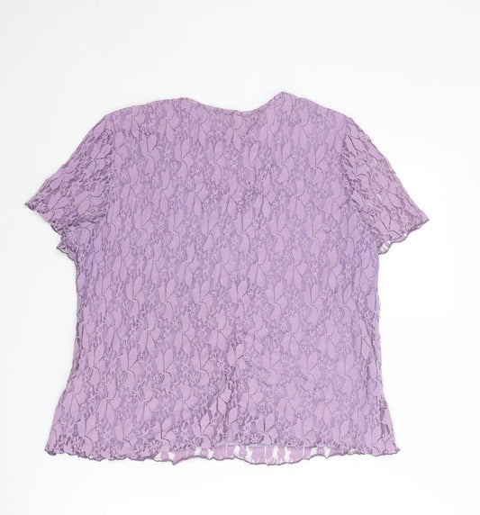 Bonmarché Womens Purple Geometric Nylon Basic T-Shirt Size L V-Neck