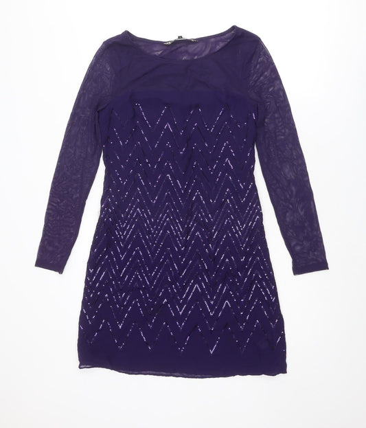 Additional front view of Principles women’s purple geometric polyester shift, size UK 8, boat neck zip