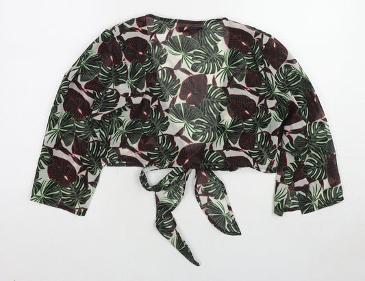 Boohoo Womens Green Geometric Polyester Basic Blouse Size M V-Neck - Leaf Print