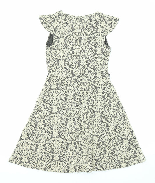 Oasis Womens Beige Geometric Cotton A-Line Size XS Boat Neck Zip - Cap Sleeve