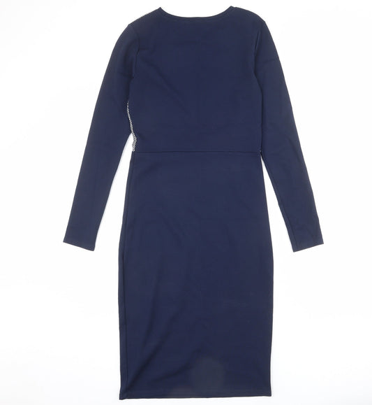 Limited Edition Womens Blue Geometric Viscose Sheath Size 8 Round Neck Pullover