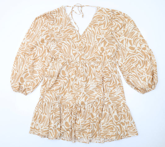 Marks and Spencer Womens Beige Geometric Viscose Skater Dress Size 14 V-Neck Pullover