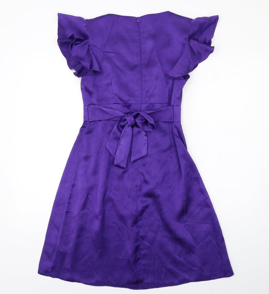 Dunnes Stores Womens Purple Polyester Fit & Flare Size 12 Scoop Neck Zip - Ruffle Sleeve