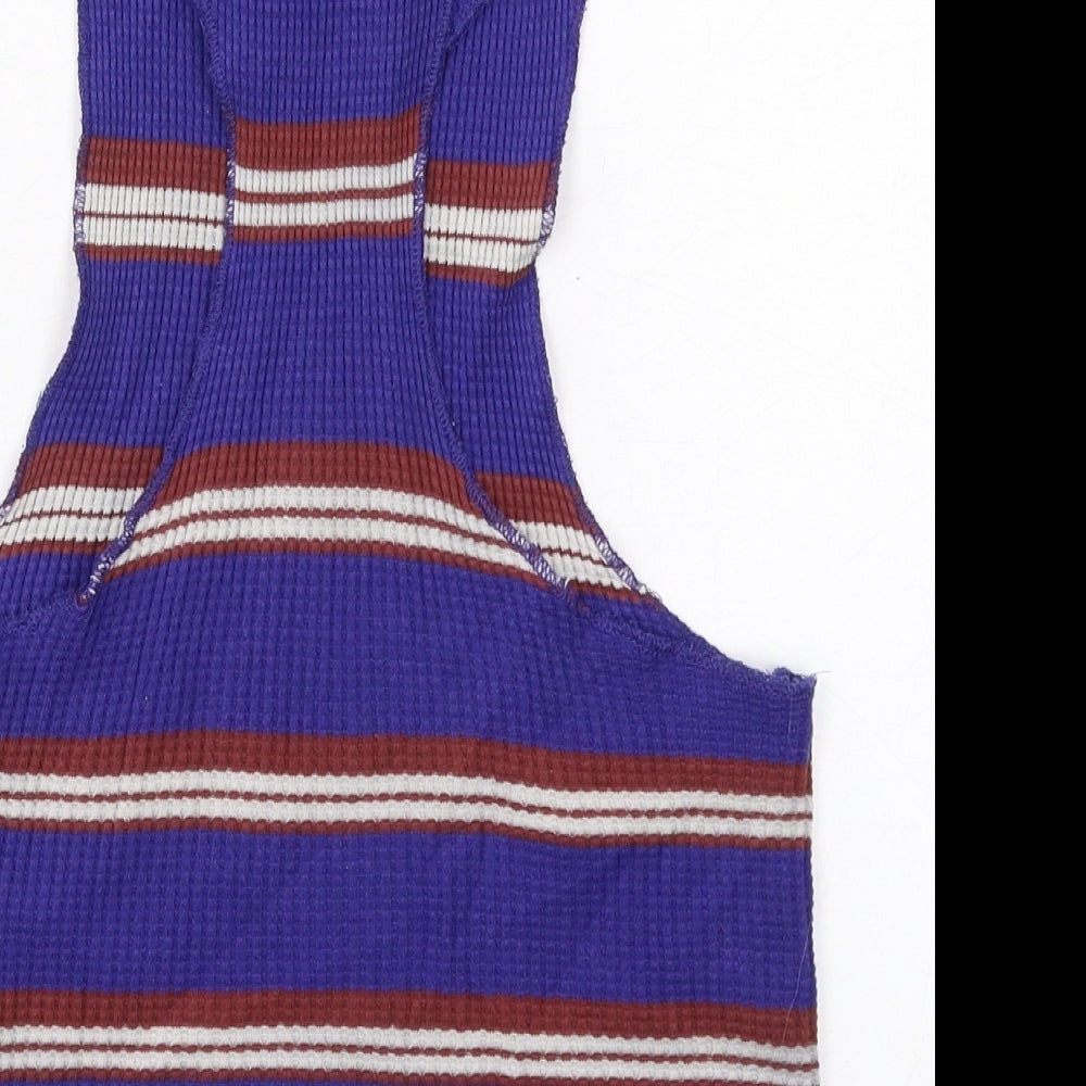 Brand and care label for BDG women’s blue striped cotton basic tank, size XS, mock neck