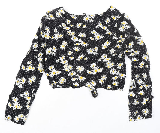 Divided by H&M Womens Black Polka Dot Viscose Cropped Button-Up Size 8 V-Neck - Knot Front