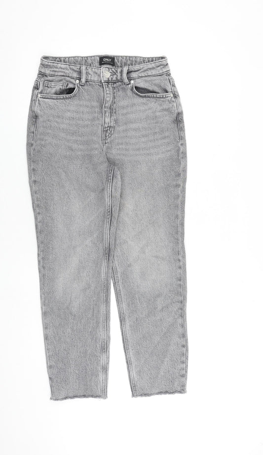 Additional front view of Only women’s grey cotton straight jeans, size UK 28, in, 32-inch leg regular zip - raw hem