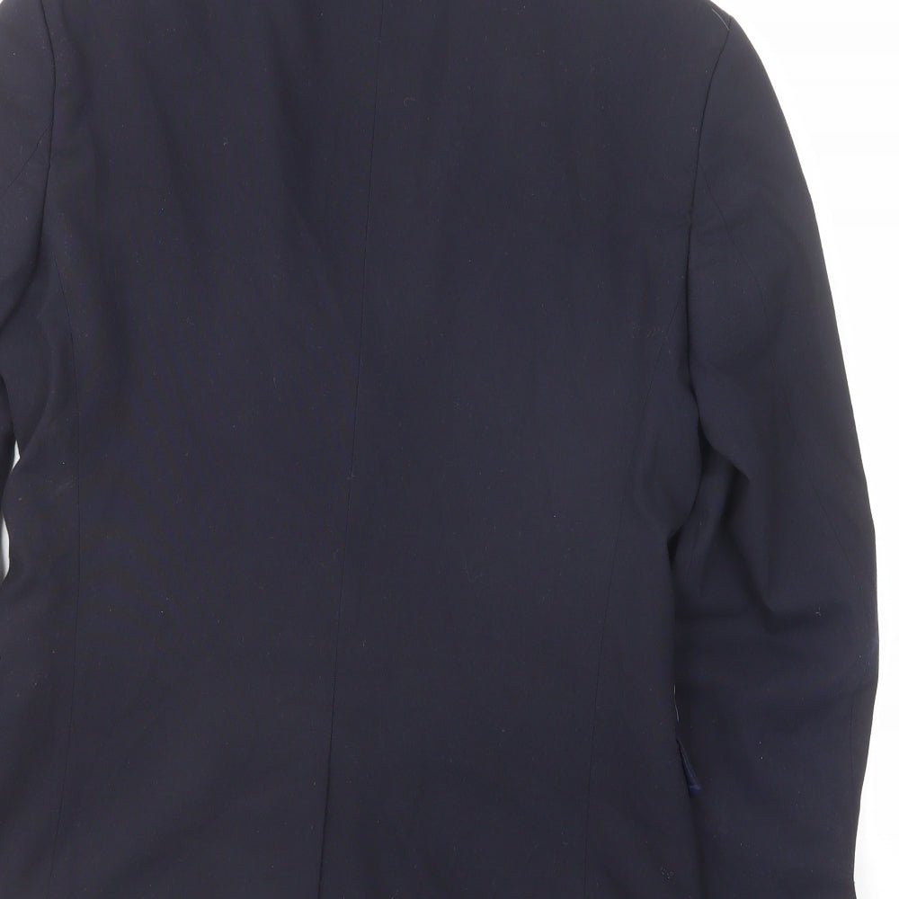 Brand and care label for ASOS men’s blue polyester jacket suit jacket, size 36, regular